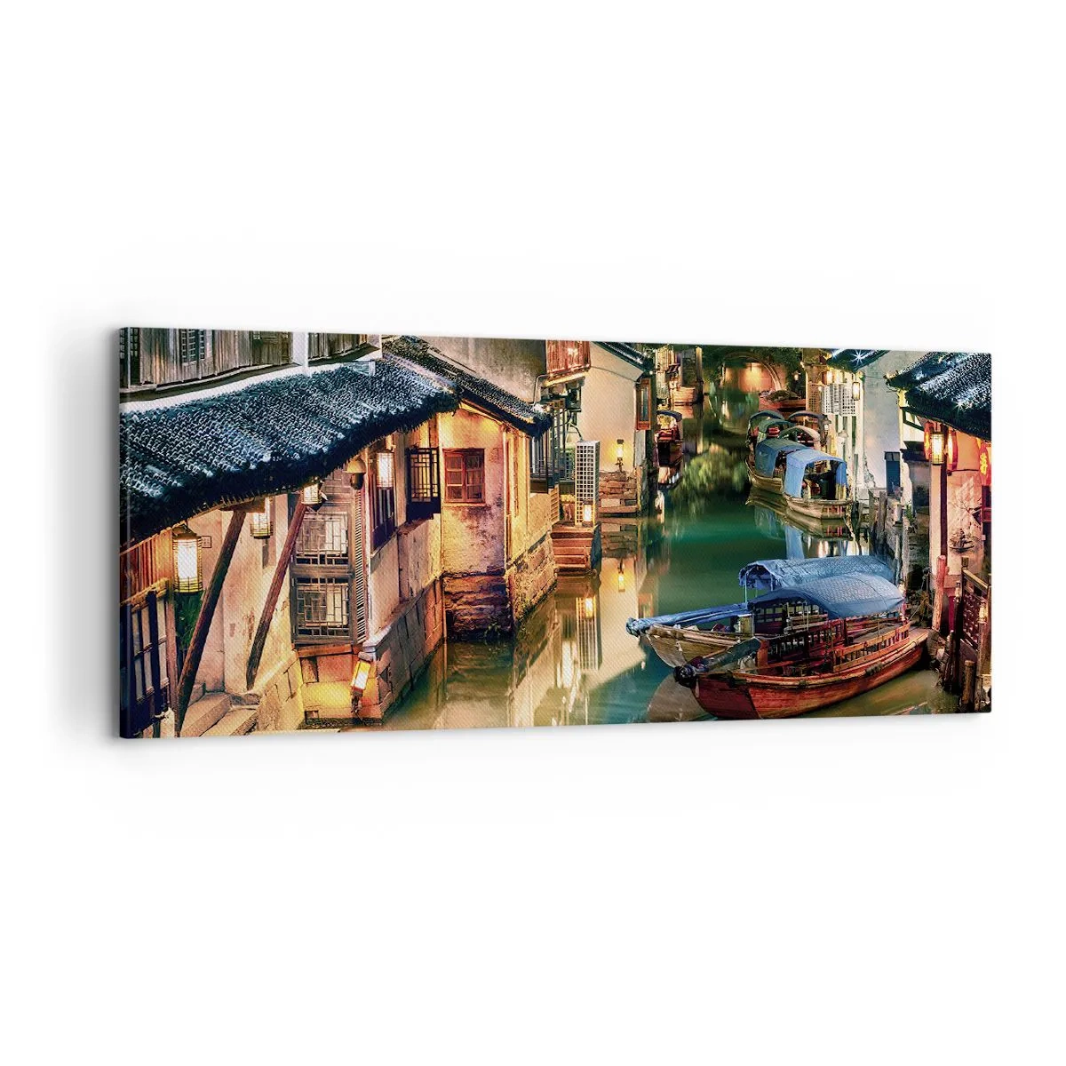 Obraz na płótnie - Nocny widok na kanały z tradycyjnymi łodziami i domami - 120x50cm - Wieczór na chińskiej ulicy - Nowoczesna dekoracja ścienna do salonu i sypialni ARTTOR