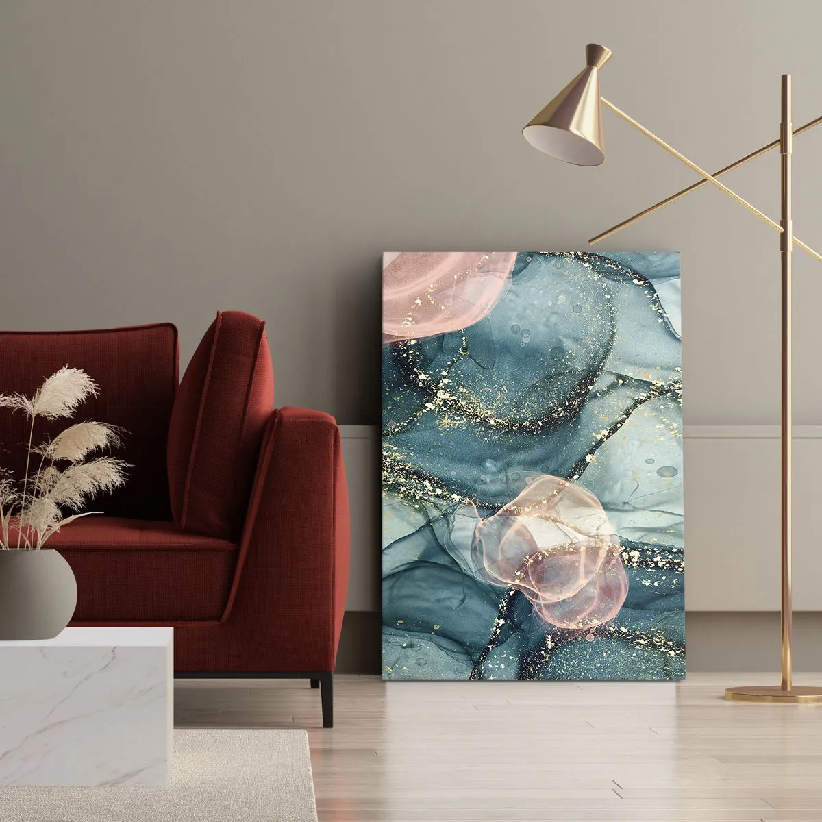 Obraz na płótnie - Abstrakcyjna kompozycja w odcieniach błękitu i różu z złotymi akcentami - 50x70cm - Jedwabny błękit, tiulowy róż - Nowoczesna dekoracja ścienna do salonu, kuchni i sypialni ARTTOR