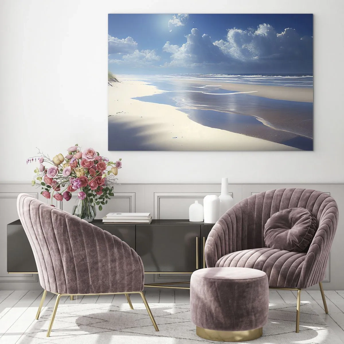 Obraz na szkle - Szeroka, piaszczysta plaża i spokojne fale pod błękitnym niebem - 70x50cm - Rajskie wakacje - Nowoczesna dekoracja ścienna do salonu i sypialni ARTTOR