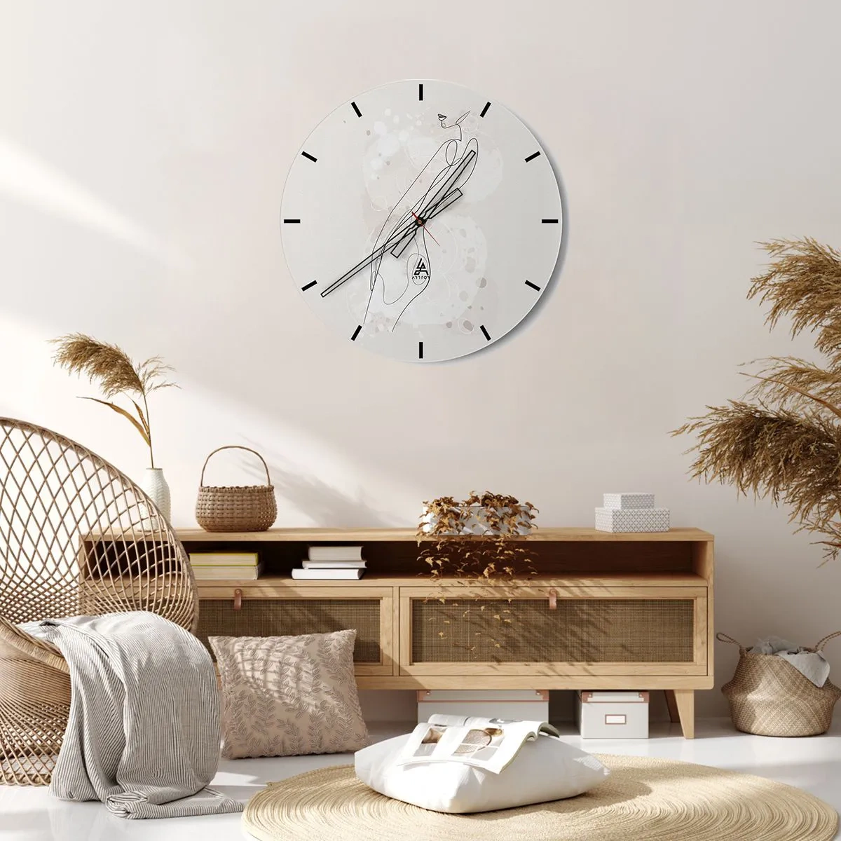 Zegar ścienny - Minimalistyczna sylwetka kobiety narysowana cienką linią na jasnym tle - 30x30cm - Pobłądzić spojrzeniem - Nowoczesna dekoracja ścienna do salonu, kuchni i sypialni ARTTOR