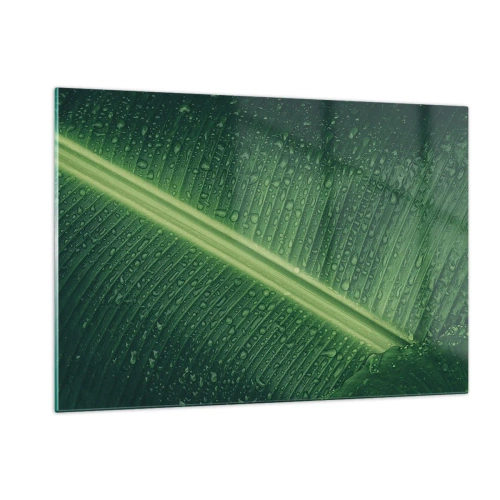 Obraz na szkle - Zbliżenie na zielony liść z kroplami wody - 120x80cm - Struktura zieleni - Nowoczesna dekoracja ścienna do salonu, kuchni i sypialni ARTTOR