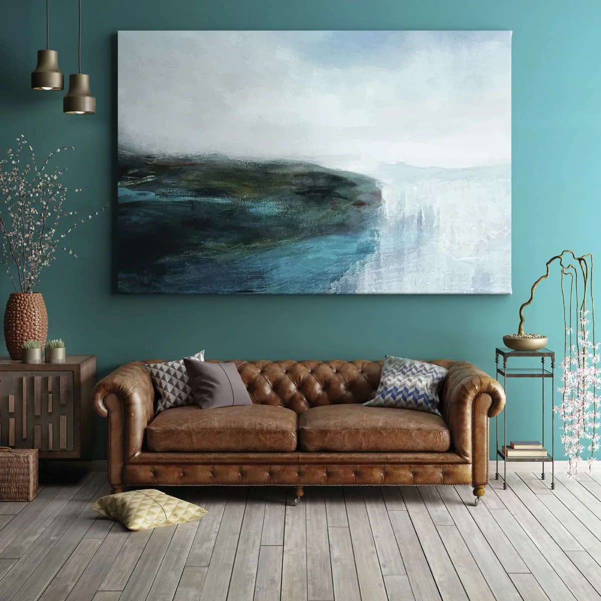 Obraz na płótnie - Abstrakcyjny krajobraz w odcieniach turkusu i szarości - 70x50cm - Abstrakcja marynistyczna - Nowoczesna dekoracja ścienna do salonu i sypialni ARTTOR