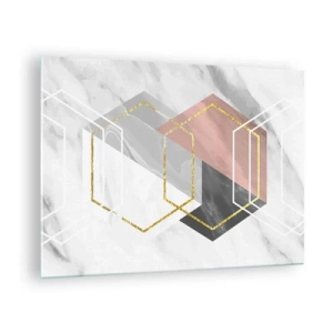 Obraz na szkle - Złote geometryczne kształty na marmurowym tle - 70x50cm - Kompozycja łańcuchowa - Nowoczesna dekoracja ścienna do salonu i sypialni ARTTOR