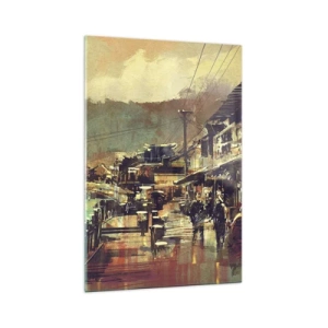 Obraz na szkle - Miasteczko z mostem i uliczkami w artystycznym stylu - 70x100cm - Życie jako bogactwo szarości - Nowoczesna dekoracja ścienna do salonu i sypialni ARTTOR