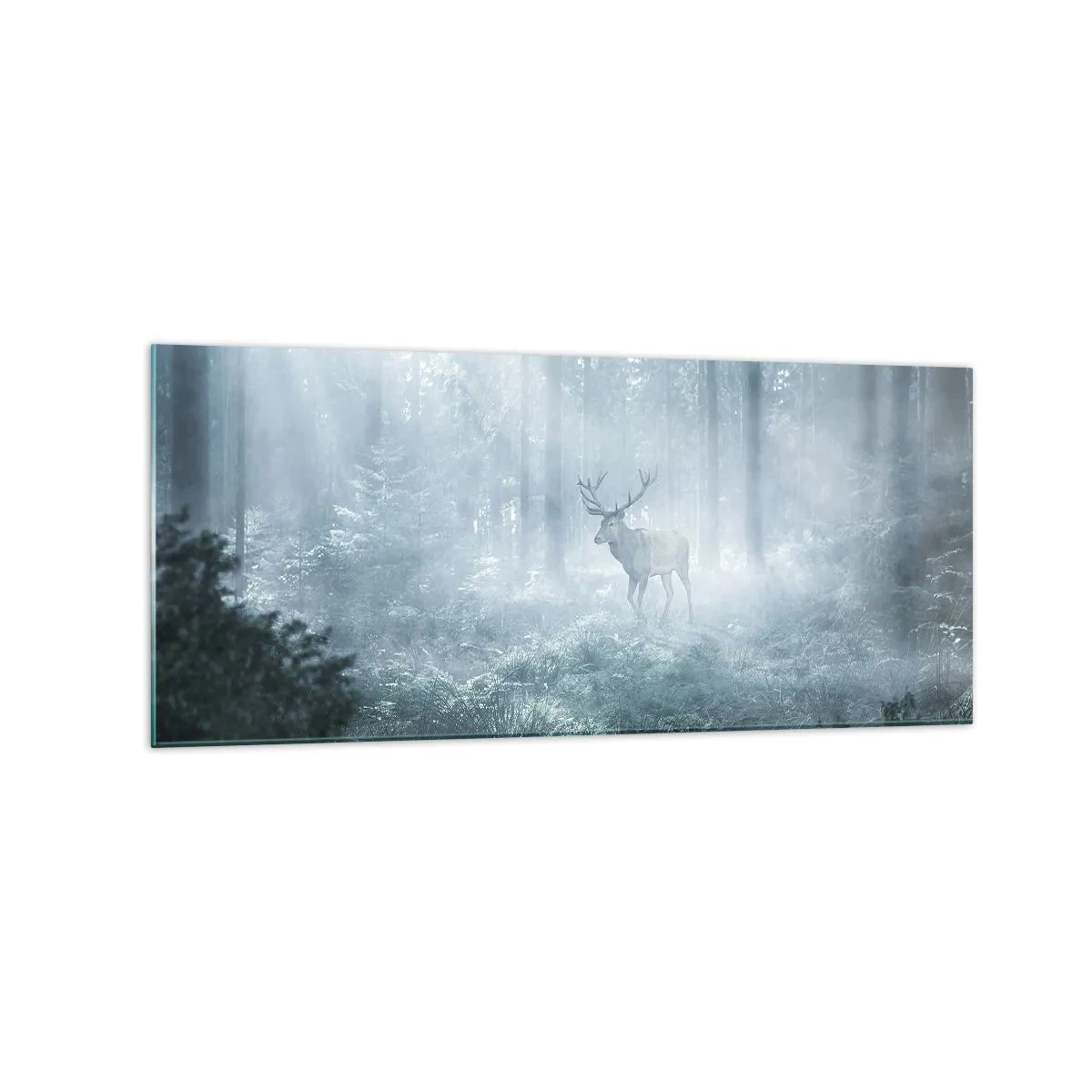 Obraz na szkle - Jeleń w gęstym lesie spowitym poranną mgłą - 120x50cm - Poranny obchód włości - Nowoczesna dekoracja ścienna do salonu i sypialni ARTTOR