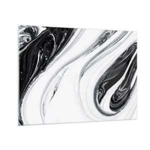 Obraz na szkle - Czarno-białe wirujące linie przypominające marmur w abstrakcyjnym stylu - 70x50cm - Połączenie przeciwieństw - Nowoczesna dekoracja ścienna do salonu i sypialni ARTTOR