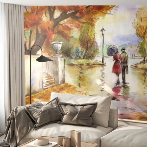 Fototapeta Premium Canvas - Spacer w jesiennym parku z parasolem - 100x70cm - Romantyczna jesień w parku - Nowoczesna dekoracja ścienna do salonu i sypialni ARTTOR