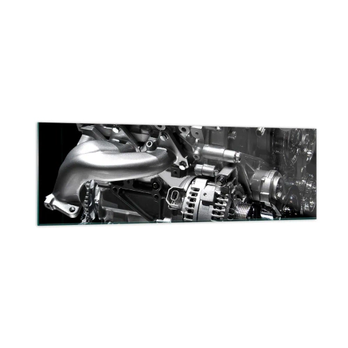 Obraz na szkle - Metalowe części silnika w zbliżeniu na czarnym tle - 160x50cm - Stalowy, piękny, silny - Nowoczesna dekoracja ścienna do salonu i sypialni ARTTOR