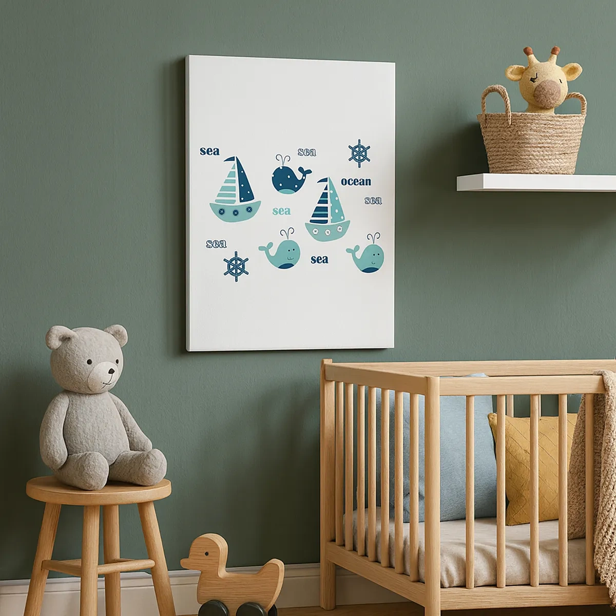 Obraz na płótnie - Marynistyczna ilustracja z łódkami i wielorybami - 50x70cm - Przez morza i oceany - Nowoczesna dekoracja ścienna do salonu, kuchni i sypialni ARTTOR