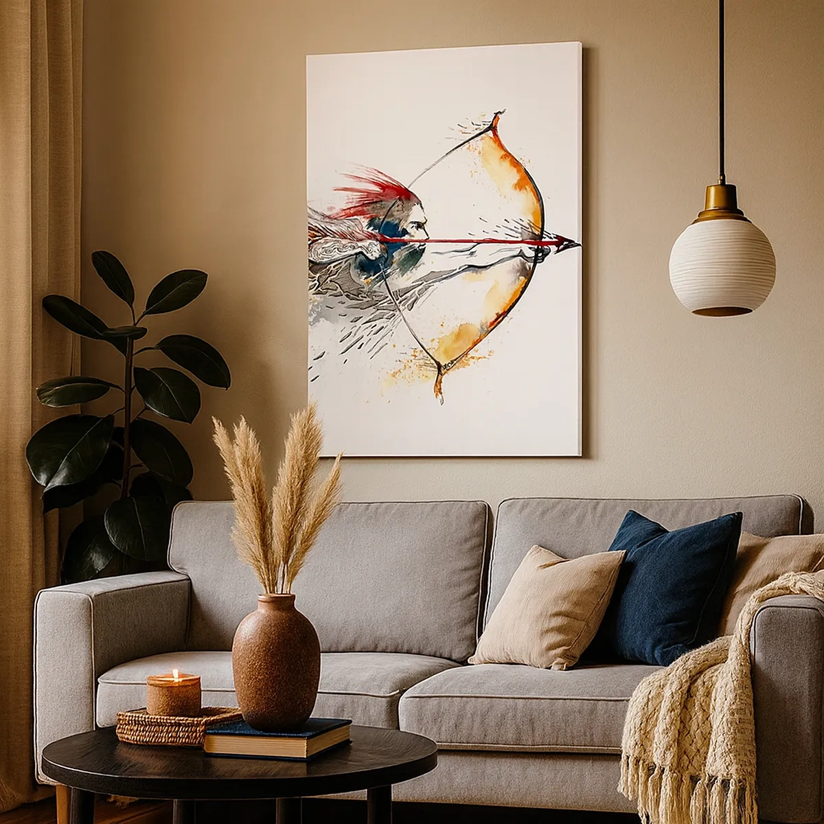 Obraz na płótnie - Mityczny wojownik z ognistym łukiem w rękach, malowany akwarelą w odcieniach czerwieni i pomarańczu - 50x70cm - Mityczny wojownik z ognistym łukiem - Nowoczesna dekoracja ścienna do salonu, kuchni i sypialni ARTTOR