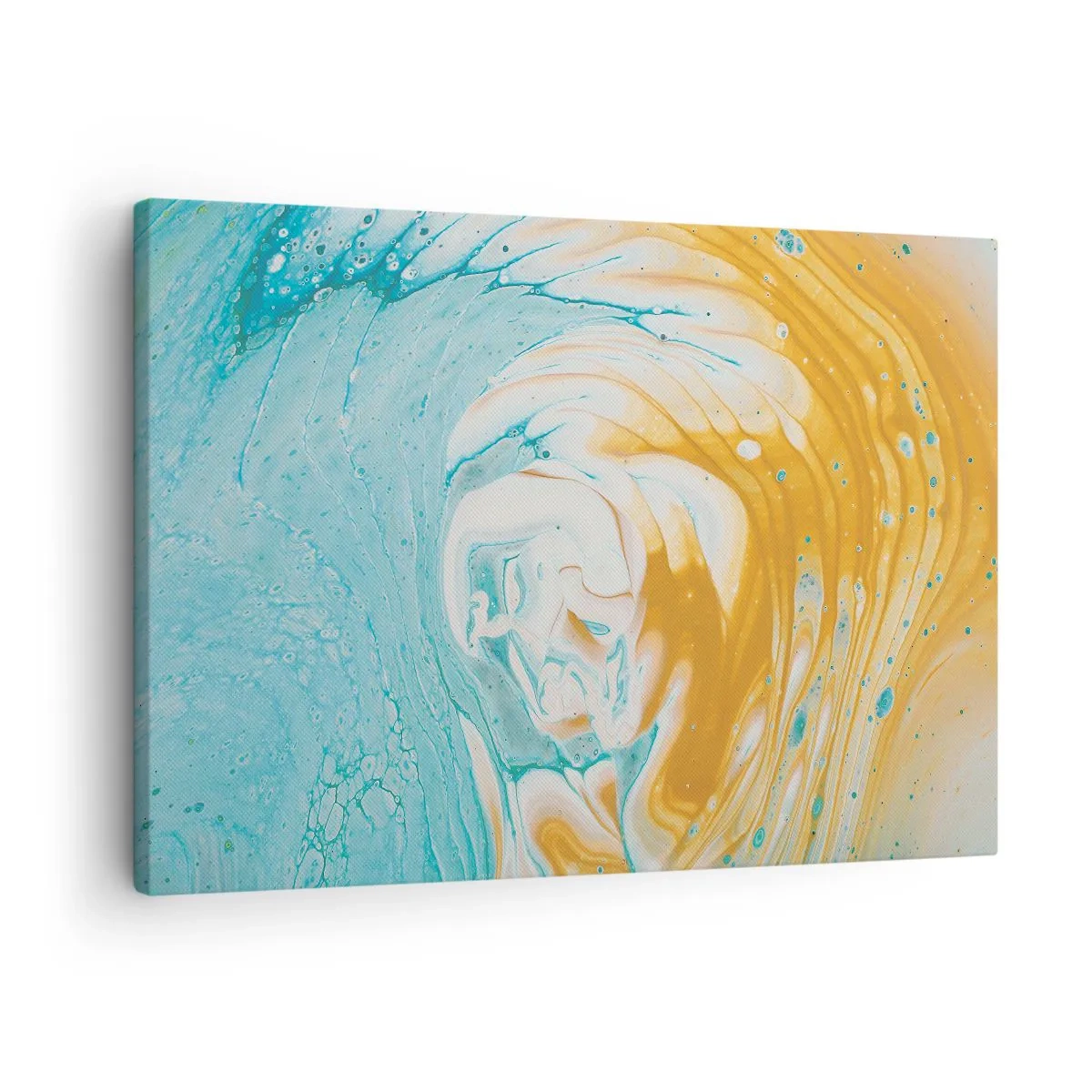 Obraz na płótnie - Abstrakcyjne fale w odcieniach niebieskiego i złotego na płótnie - 70x50cm - Pastelowy wir - Nowoczesna dekoracja ścienna do salonu i sypialni ARTTOR