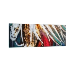 Obraz na szkle - Zbliżenie na wielokolorowe pióra w żywych, intensywnych barwach - 140x50cm - Tajemnice lotu - Nowoczesna dekoracja ścienna do salonu i sypialni ARTTOR