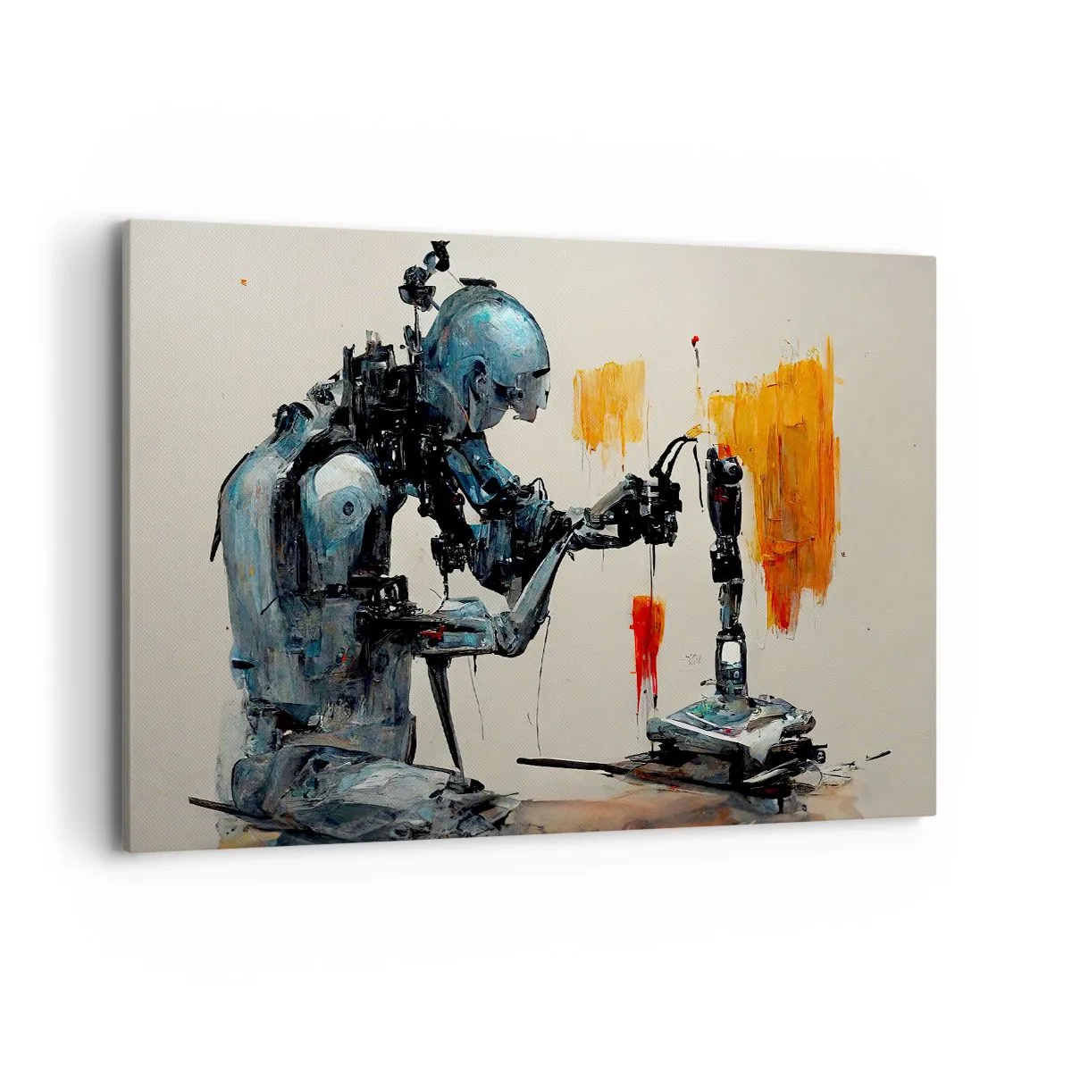 Obraz na płótnie - Robot przy pracy z abstrakcyjnym tłem - 120x80cm - Już jutro… - Nowoczesna dekoracja ścienna do salonu, kuchni i sypialni ARTTOR