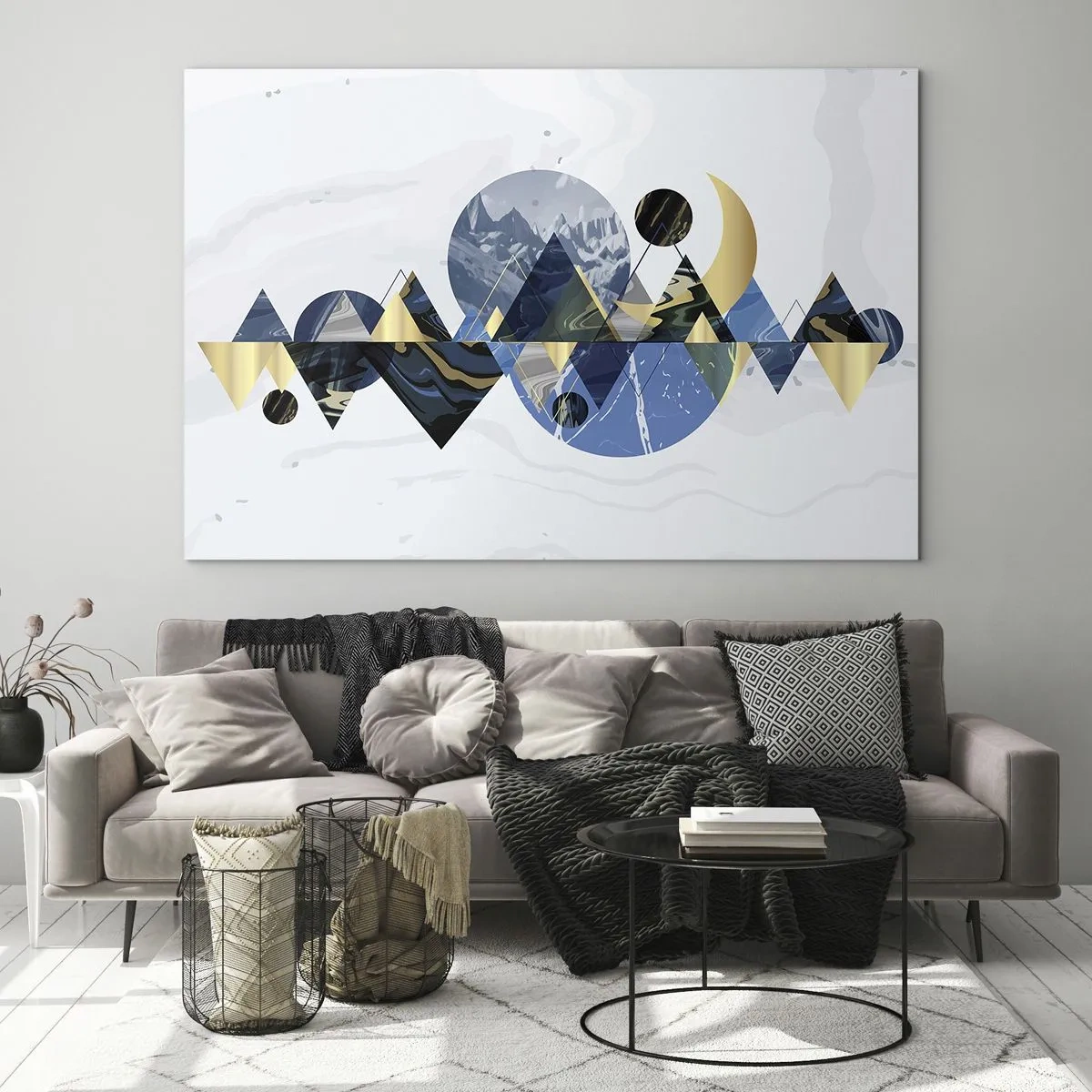 Obraz na szkle - Abstrakcyjne figury geometryczne w odcieniach granatu i złota - 100x70cm - Pejzaż geometryczny - Nowoczesna dekoracja ścienna do salonu, kuchni i sypialni ARTTOR