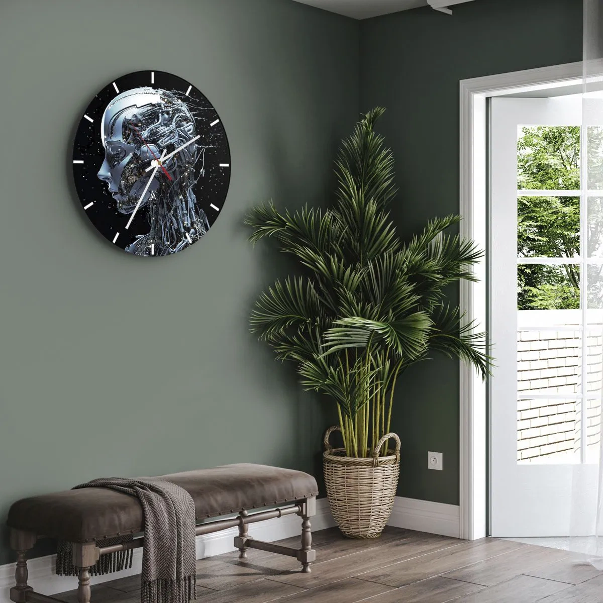 Zegar ścienny - Profil humanoidalnego robota z futurystycznych kabli - 30x30cm - Technologia jest kobietą - Nowoczesna dekoracja ścienna do salonu, kuchni i sypialni ARTTOR