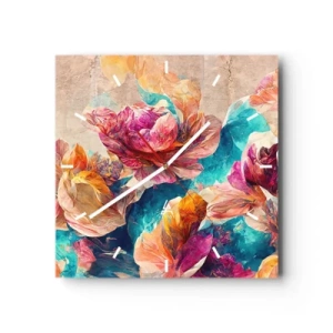 Zegar ścienny - Kolorowe kwiaty na beżowym tle - 30x30cm - Barwny przepych bukietu - Nowoczesna dekoracja ścienna do salonu i sypialni ARTTOR