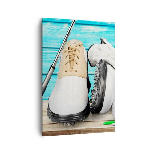 Obraz na płótnie - Zestaw akcesoriów golfowych na drewnianym tle - 70x100cm - Wszystko gotowe - Nowoczesna dekoracja ścienna do salonu i sypialni ARTTOR