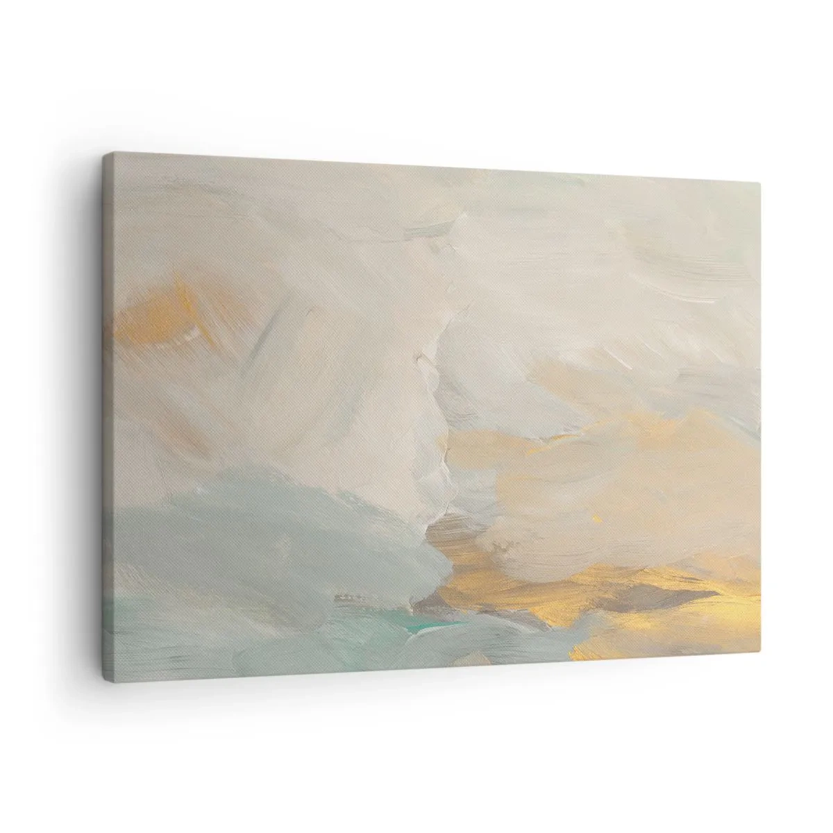 Obraz na płótnie - Delikatne abstrakcyjne pociągnięcia w odcieniach bieli i złota - 70x50cm - Abstrakcja – kraina łagodności - Nowoczesna dekoracja ścienna do salonu i sypialni ARTTOR