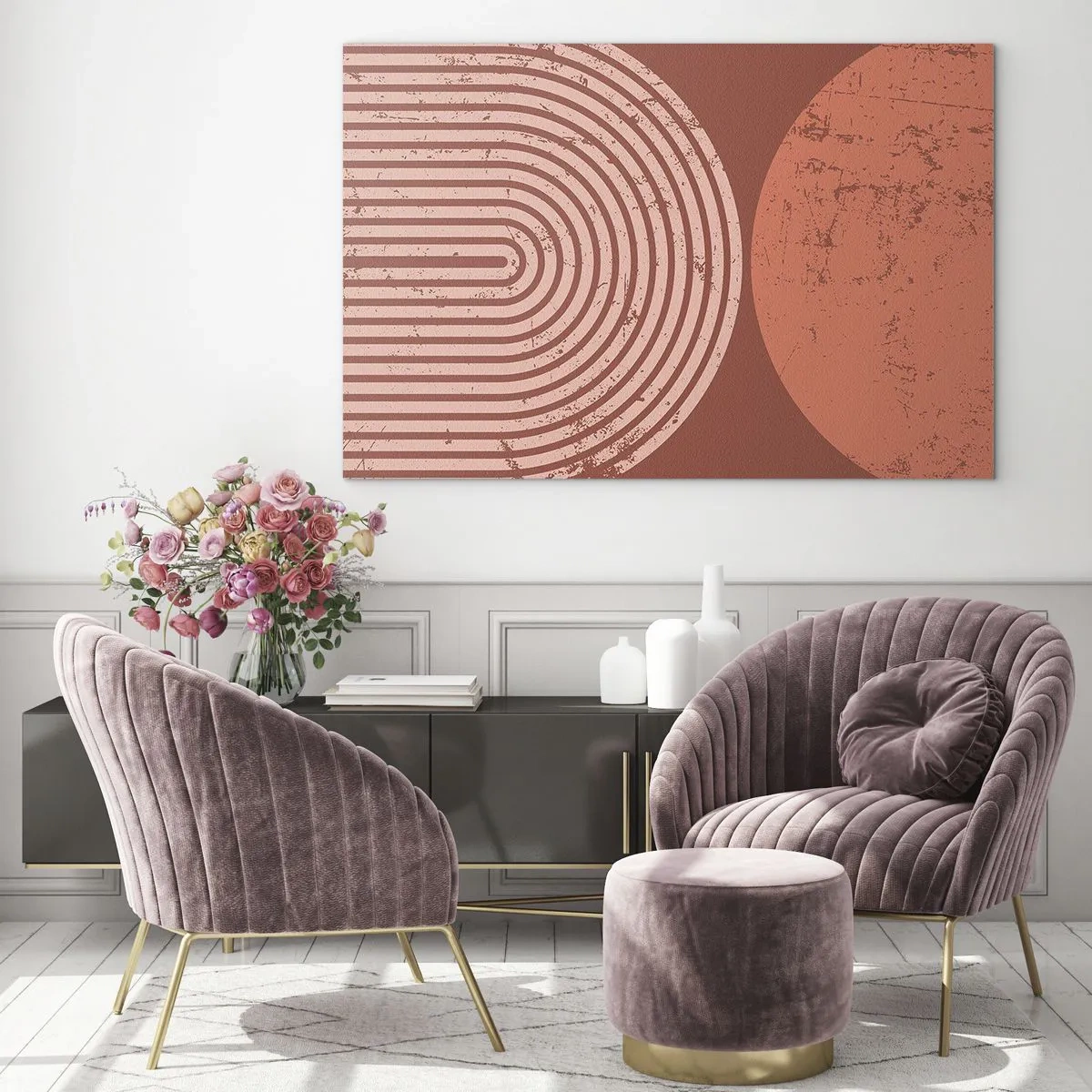 Obraz na szkle - Geometryczna grafika w odcieniach rdzy z półkolem i kołem - 70x50cm - Bliska relacja - Nowoczesna dekoracja ścienna do salonu i sypialni ARTTOR