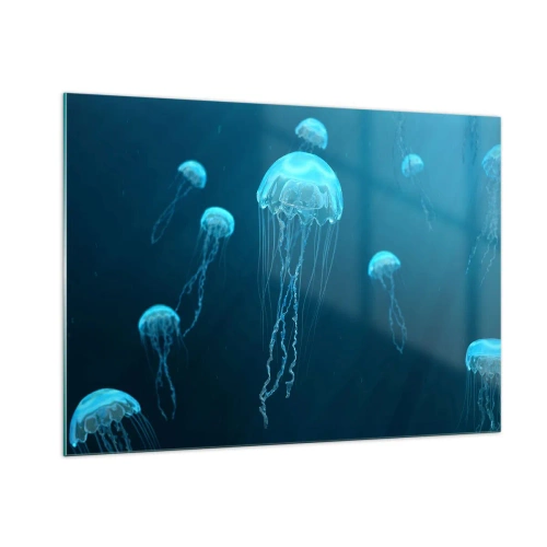 Obraz na szkle - Meduzy unoszące się w błękitnej głębi oceanu - 100x70cm - Oceaniczny taniec - Nowoczesna dekoracja ścienna do salonu, kuchni i sypialni ARTTOR
