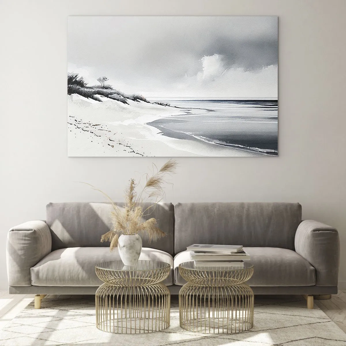 Obraz na szkle - Czarno-biała plaża z horyzontem i spokojnym morzem - 70x50cm - Od zawsze razem - Nowoczesna dekoracja ścienna do salonu i sypialni ARTTOR