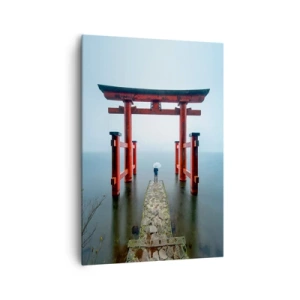 Obraz na płótnie - Brama torii nad spokojnym jeziorem w Japonii - 70x100cm - Japońska zaduma - Nowoczesna dekoracja ścienna do salonu i sypialni ARTTOR