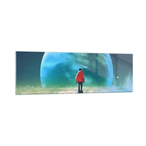 Obraz na szkle - Człowiek w czerwonej kurtce stojący przed wielką planetą na tle gwiazd - 160x50cm - Odkrywca nowej ziemi - Nowoczesna dekoracja ścienna do salonu i sypialni ARTTOR