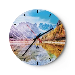 Zegar ścienny - Górski krajobraz z jesiennym lasem odbitym w tafli jeziora - 30x30cm - A w górach już jesień - Nowoczesna dekoracja ścienna do salonu, kuchni i sypialni ARTTOR