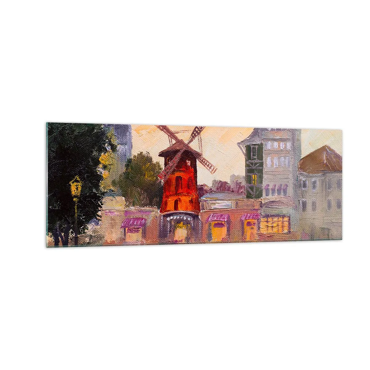 Obraz na szkle - Czerwony wiatrak Moulin Rouge otoczony miejskim pejzażem - 140x50cm - Paryskie ikony – Moulin Rouge - Nowoczesna dekoracja ścienna do salonu i sypialni ARTTOR