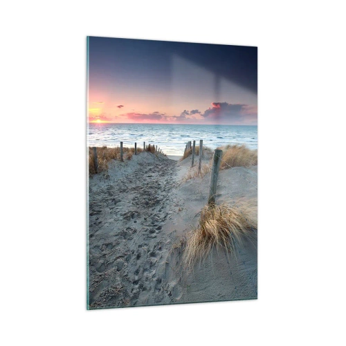 Obraz na szkle - Ścieżka przez wydmy prowadząca do morza o zachodzie - 50x70cm - Rozlałeś tęczę blasków promienistą… - Nowoczesna dekoracja ścienna do salonu, kuchni i sypialni ARTTOR
