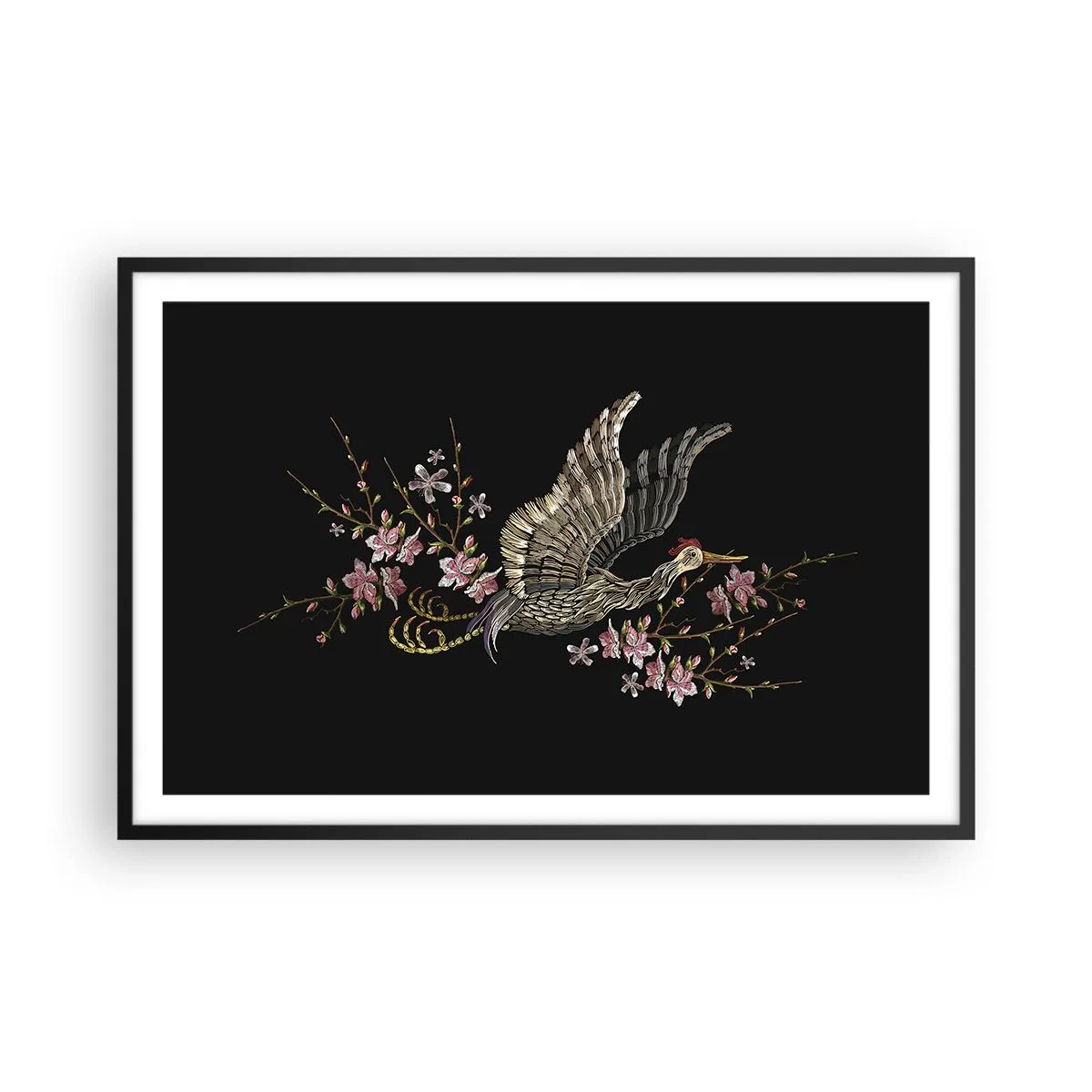 Plakat w czarnej ramie - Egzotyczny, haftowany ptak - 91x61 cm