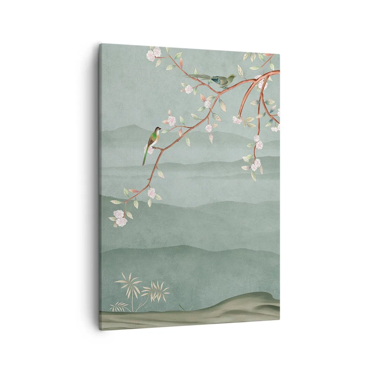 Obraz na płótnie - Delikatna ilustracja kwitnących gałęzi i ptaków na tle zielonych wzgórz. - 50x70cm - Wiosna, ach, to ty - Nowoczesna dekoracja ścienna do salonu, kuchni i sypialni ARTTOR
