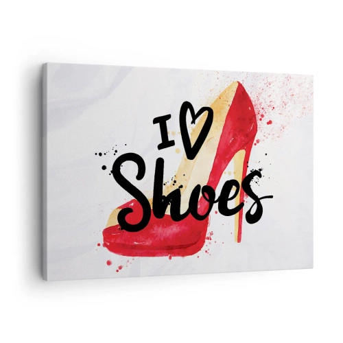 Obraz na płótnie - Czerwony szpilka z napisem I love Shoes na białym tle - 70x50cm - Miłość niejedno ma imię - Nowoczesna dekoracja ścienna do salonu i sypialni ARTTOR