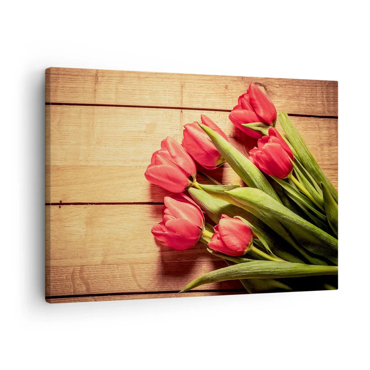 Obraz na płótnie - Bukiet różowych tulipanów na drewnianym tle - 70x50cm - Wiosenne wyznanie - Nowoczesna dekoracja ścienna do salonu i sypialni ARTTOR