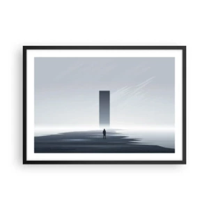 Plakat w czarnej ramie - Minimalistyczny pejzaż z sylwetką przy prostokątnym monolicie - 70x50cm - Szansa czy zagrożenie? - Nowoczesna dekoracja ścienna do salonu i sypialni ARTTOR