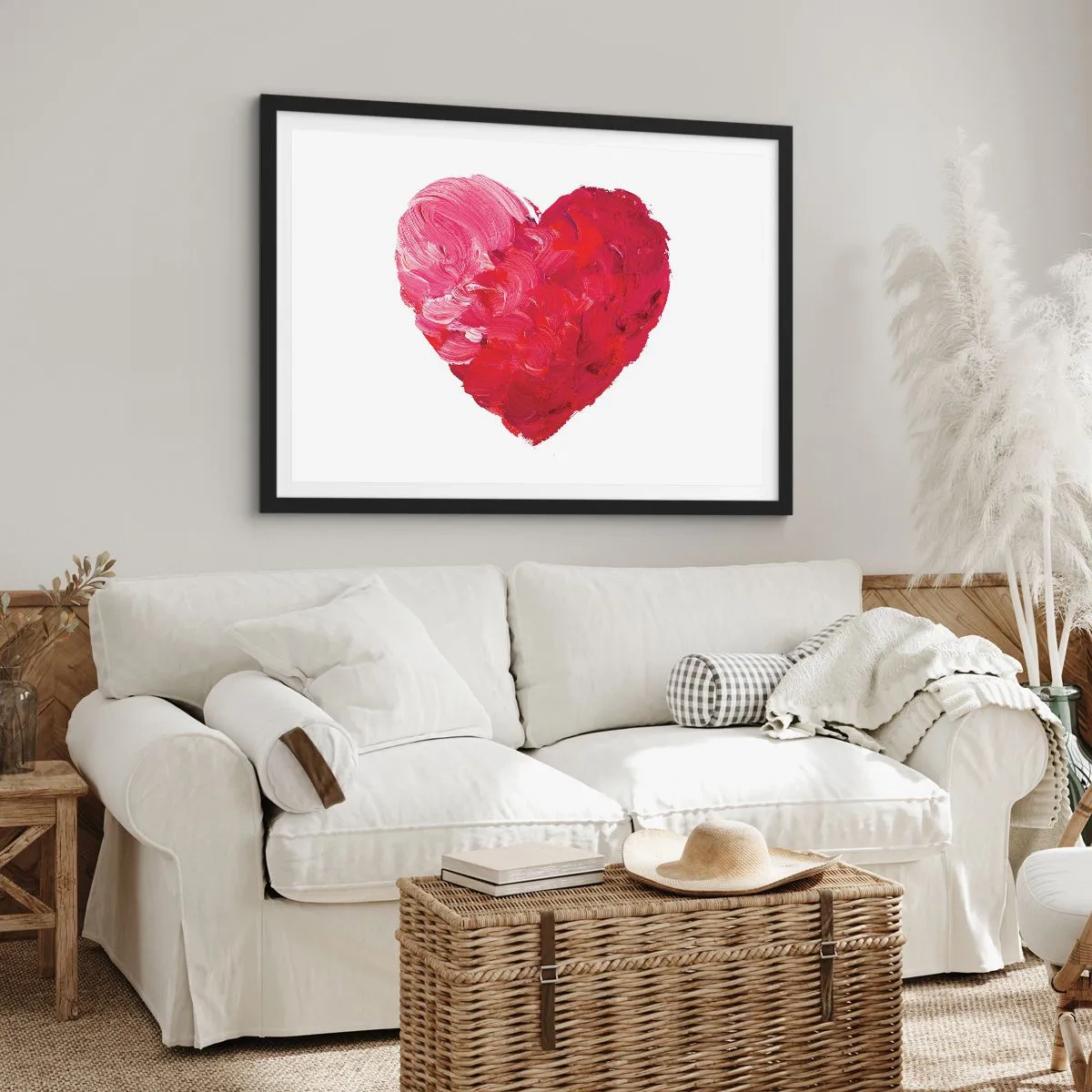 Plakat w czarnej ramie - Różowe i czerwone serce namalowane pędzlem - 100x70cm - All you need is love - Nowoczesna dekoracja ścienna do salonu i sypialni ARTTOR