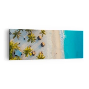 Obraz na płótnie - Widok na tropikalną plażę z palmami i turkusowym morzem - 140x50cm - Witaj w raju - Nowoczesna dekoracja ścienna do salonu i sypialni ARTTOR