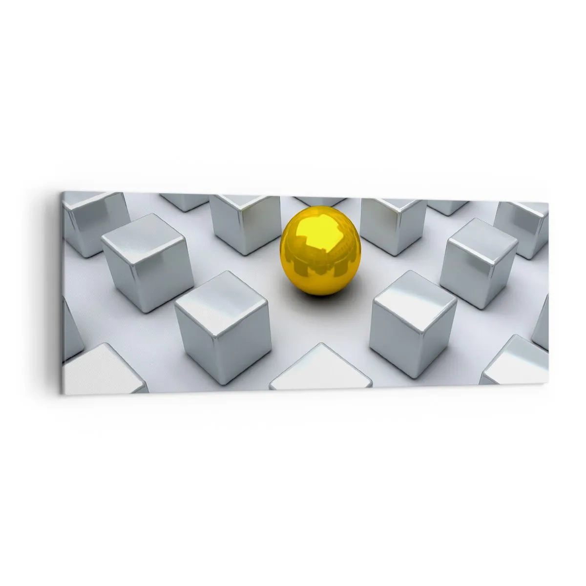 Obraz na płótnie - Złota kula wyróżniająca się wśród srebrnych sześcianów - 140x50cm - Dlaczego ja? Kompozycja geometryczna - Nowoczesna dekoracja ścienna do salonu i sypialni ARTTOR