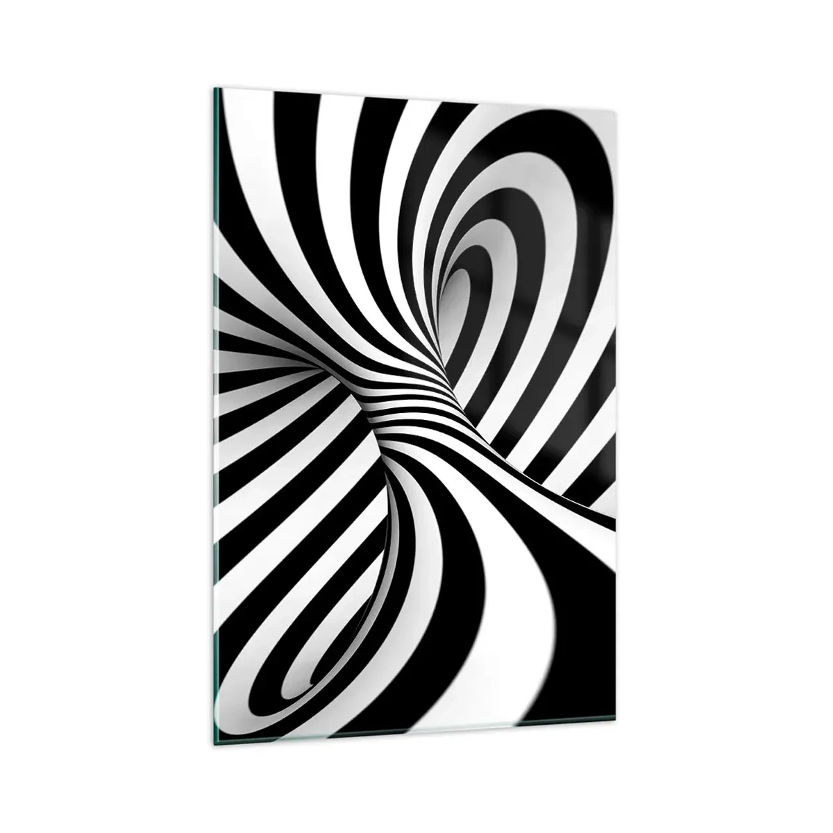 Obraz na szkle - Abstrakcyjny tunel z czarno-białymi pasami w spirali - 80x120cm - Kompozycja: tańcząca przestrzeń - Nowoczesna dekoracja ścienna do salonu i sypialni ARTTOR
