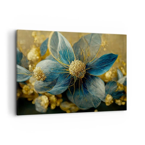 Obraz na płótnie - Eleganckie kwiaty w odcieniach niebieskiego i złota - 120x80cm - Zakwitnąć złotem - Nowoczesna dekoracja ścienna do salonu, kuchni i sypialni ARTTOR