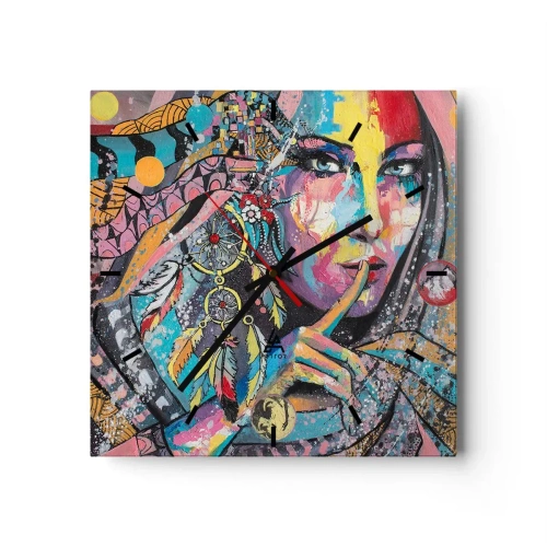 Zegar ścienny - Kolorowa kobieca twarz w artystycznym stylu - 30x30cm - Milcz, aż zrozumiesz - Nowoczesna dekoracja ścienna do salonu i sypialni ARTTOR