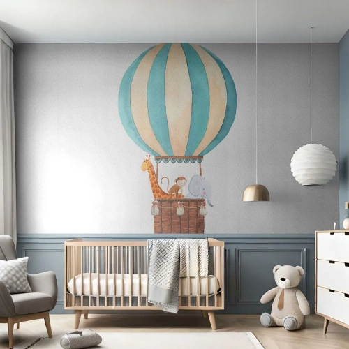 Fototapeta Standard Eco - Balon z żyrafą, małpką i słonikiem w koszu na białym tle - 100x70cm - Fantastyczna wycieczka - Nowoczesna dekoracja ścienna do salonu i sypialni ARTTOR