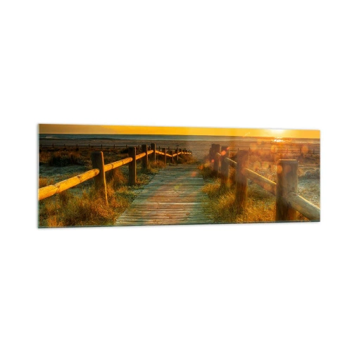 Obraz na szkle - Drewniana ścieżka prowadząca na plażę w blasku zachodzącego słońca - 160x50cm - Skąpane w starym złocie - Nowoczesna dekoracja ścienna do salonu i sypialni ARTTOR
