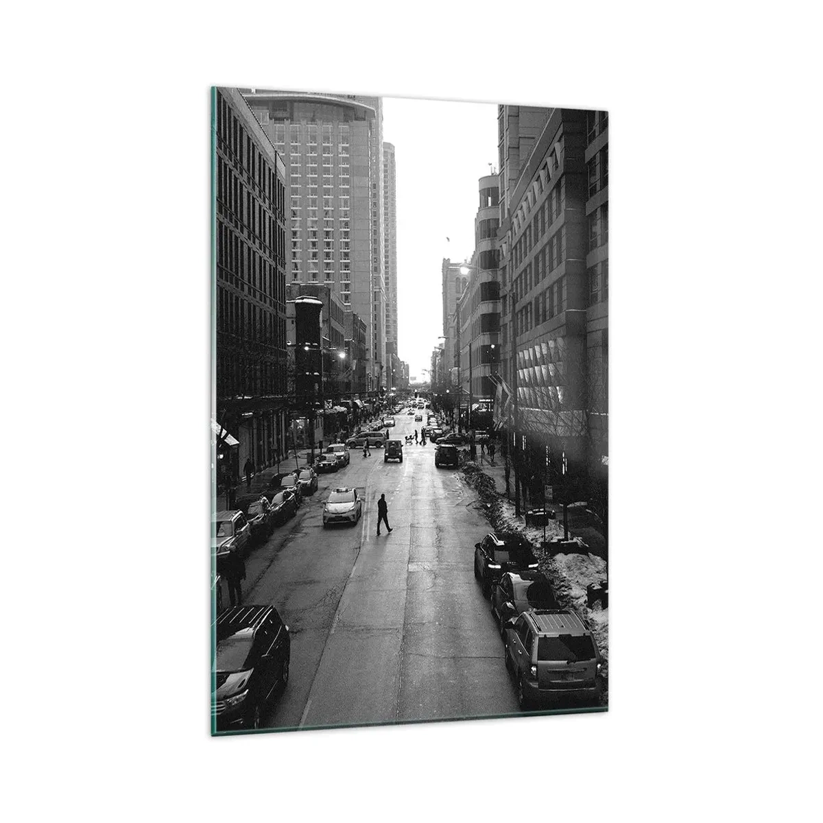 Obraz na szkle - Czarno-biała ulica w środku miasta z samochodami i pieszymi - 80x120cm - Kolejny dzień jak co dzień - Nowoczesna dekoracja ścienna do salonu i sypialni ARTTOR