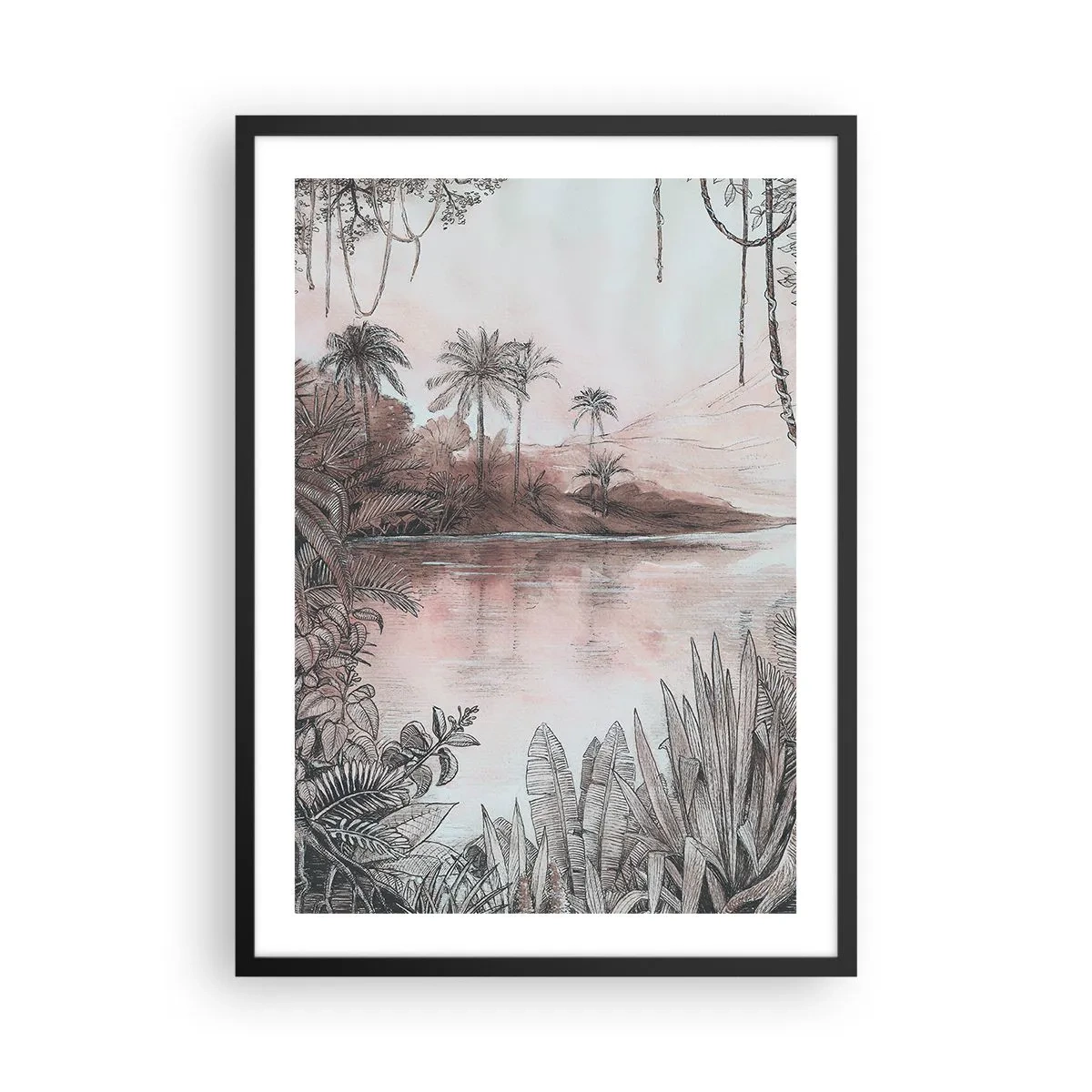 Plakat w czarnej ramie - Egzotyczny krajobraz nad wodą - 50x70cm - XIX-wieczny pamiętnik odkrywcy - Nowoczesna dekoracja ścienna do salonu i sypialni ARTTOR