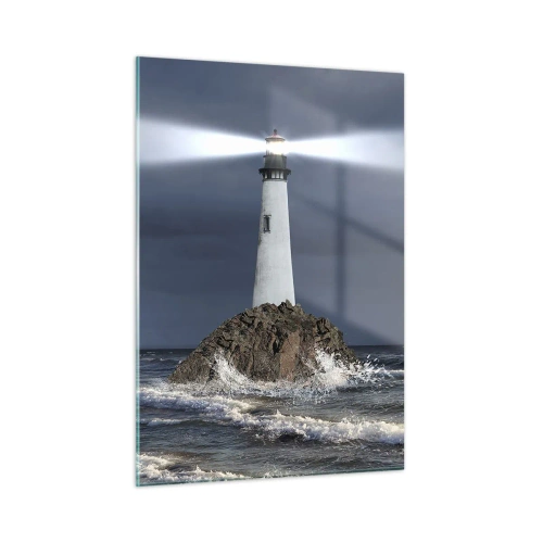 Obraz na szkle - Latarnia morska na skale wśród wzburzonych fal nocą - 50x70cm - Tu…tu…tutaj! - Nowoczesna dekoracja ścienna do salonu, kuchni i sypialni ARTTOR