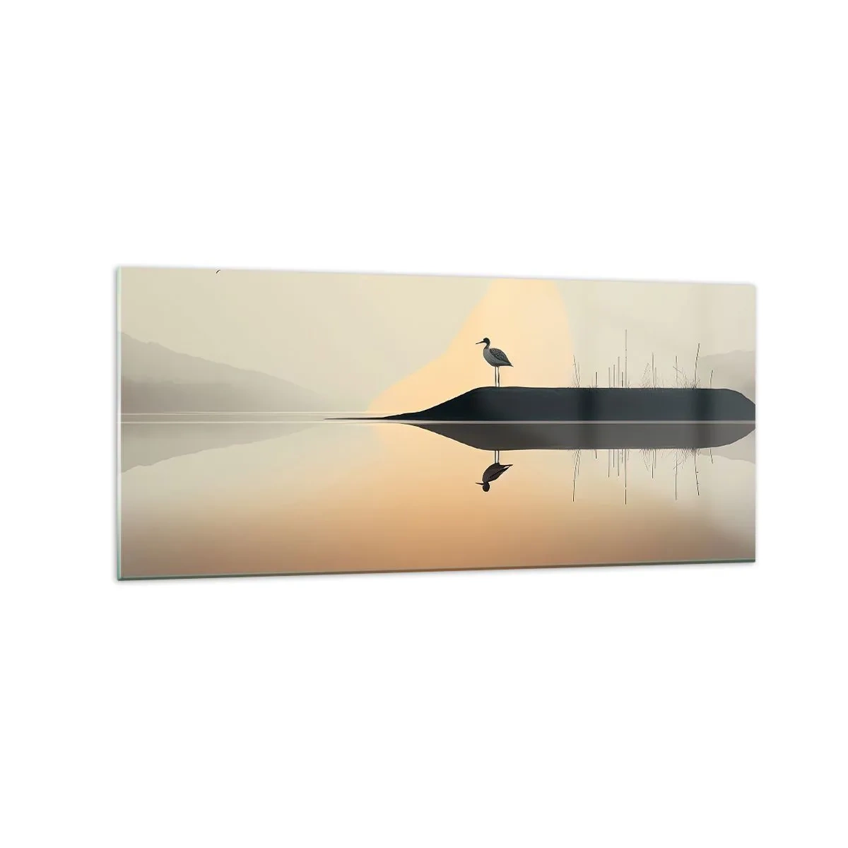 Obraz na szkle - Ptak na wyspie w spokojnym jeziorze o ciepłych odcieniach - 120x50cm - Pan na jeziorze - Nowoczesna dekoracja ścienna do salonu i sypialni ARTTOR