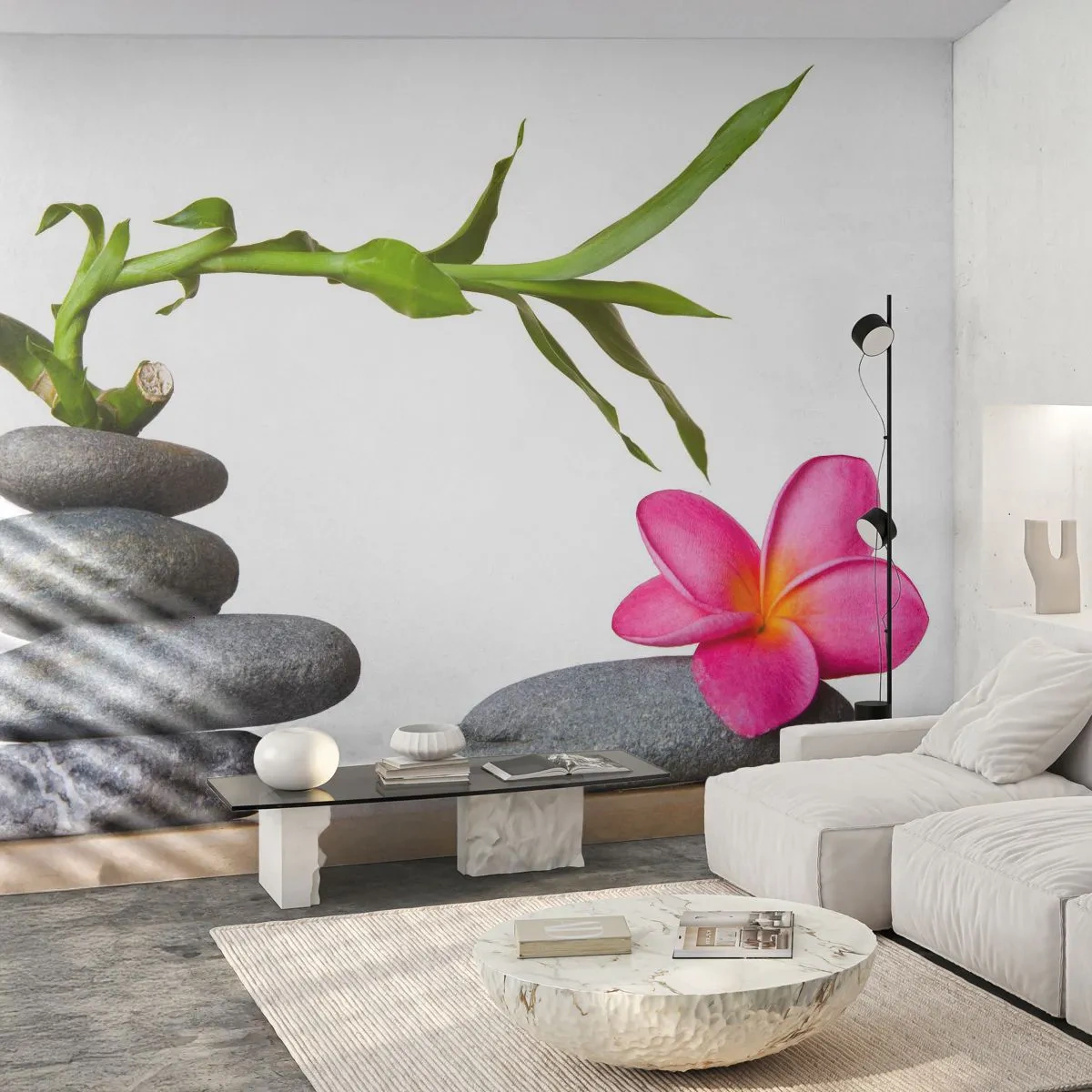 Fototapeta Premium Canvas - Bambus i różowy kwiat na kamieniach w stylu zen - 100x70cm - Kolory życia i trwania - Nowoczesna dekoracja ścienna do salonu i sypialni ARTTOR