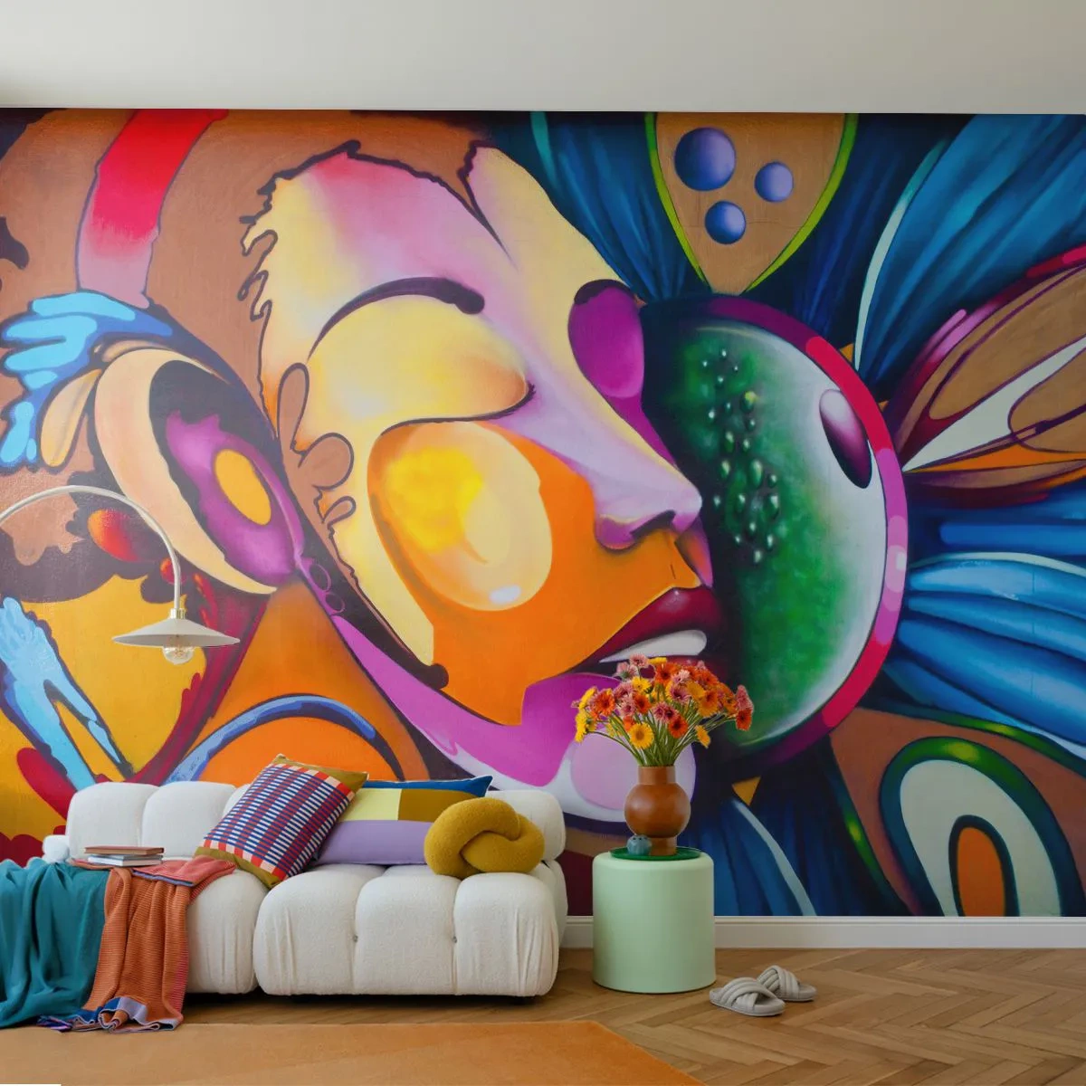 Fototapeta Premium Canvas - Kolorowa abstrakcja z motywem twarzy w dynamicznej kompozycji - 100x70cm - Dotknąć kolorem - Nowoczesna dekoracja ścienna do salonu i sypialni ARTTOR