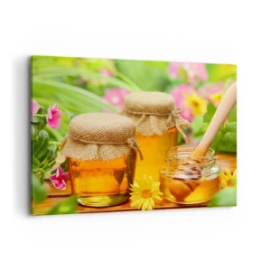 Obraz na płótnie - Słoiki miodu z kwiatami na tle letniego ogrodu - 100x70cm - Słodko i kwiatowo - Nowoczesna dekoracja ścienna do salonu, kuchni i sypialni ARTTOR